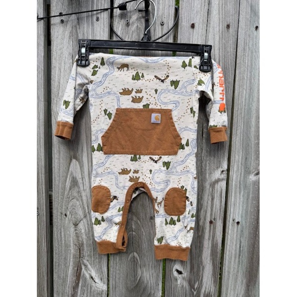 Outdoor Carhartt Romper Kids 6-9M Tan Nature Print Bear Eagle One Piece Rugged - Picture 8 of 11